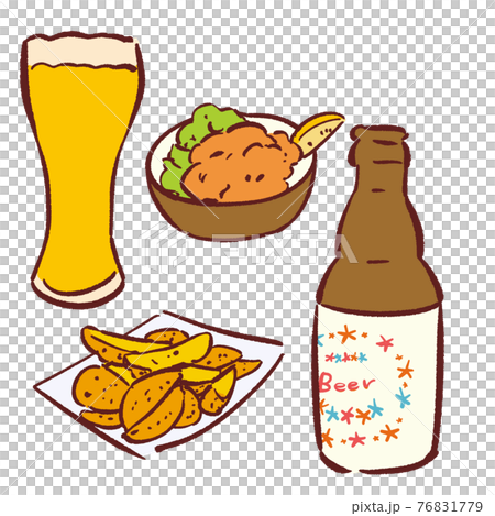 手描きのおつまみイラストセット ビールと鶏からとフライドポテトのイラスト素材