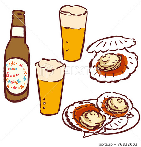 手描きのおつまみイラストセット ほたてバターとビールのイラスト素材 7603