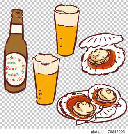 手描きのおつまみイラストセット ほたてバターとビールのイラスト素材 7603