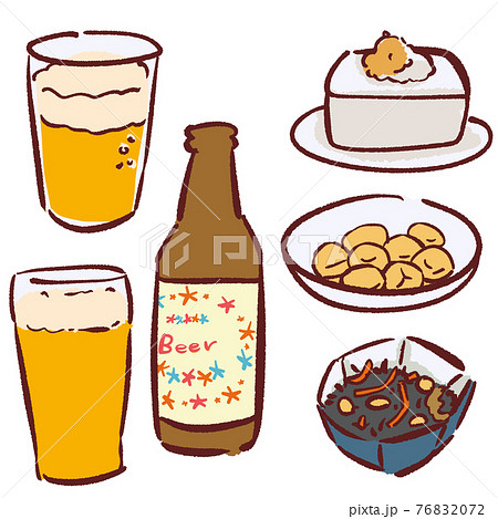 手描きのおつまみイラストセット 冷ややっこと里芋の煮物とひじきの煮物とビールのイラスト素材 7672