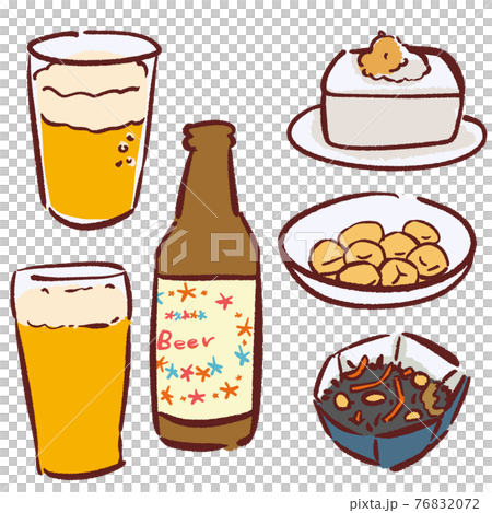 手描きのおつまみイラストセット 冷ややっこと里芋の煮物とひじきの煮物とビールのイラスト素材 7672