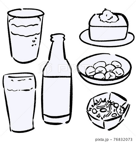 手描きのおつまみイラストセット 冷ややっこと里芋の煮物とひじきの煮物とビール 白黒のイラスト素材 7673