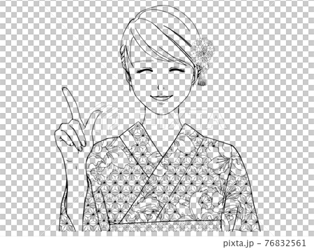 笑顔で指さしをする浴衣の女性の線画（上半身、正面） 76832561