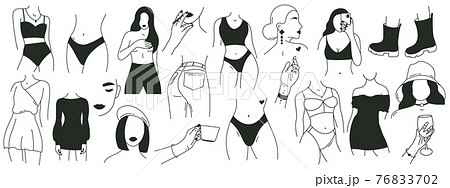Minimalist faceless woman. Outline graceful female body parts, modern faceless lady elements. Hand drawn fashion girls elements vector illustration set 76833702