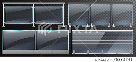 Realistic glass fences. Home stairway or balcony glass balustrade with steel railings vector illustration. Glass balustrade with metal pillars 76833741