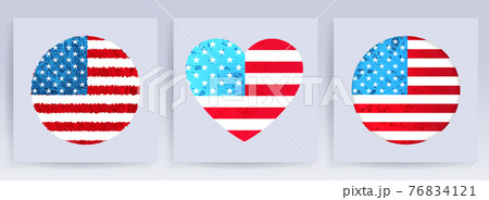 Badge with heart and circle shape with outlines of the flag of America, holiday design component, set Badge with heart and circle shape with outlines of the flag of America, holiday design component, set 76834121