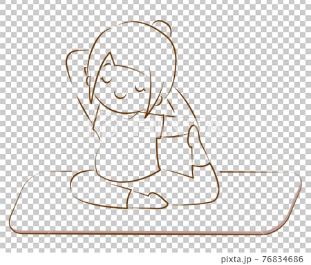 Line drawing illustration of a pregnant woman doing a yoga dove pose 76834686