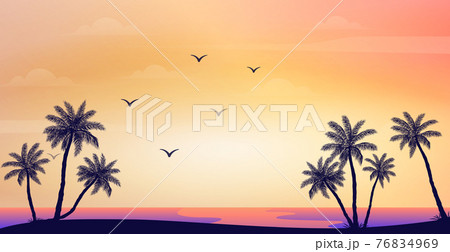 Realistic sea sunset on the background of palm trees - Vector 76834969