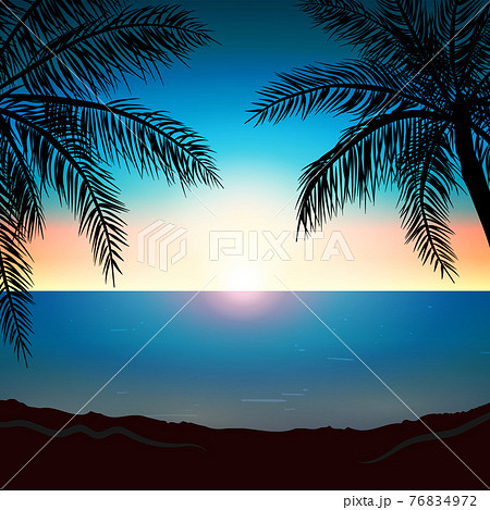 Realistic Sea Sunset On The Background Of Palm のイラスト素材