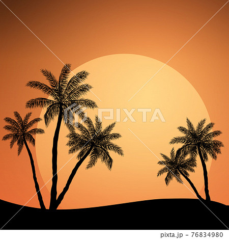 Realistic Sea Sunset On The Background Of Palm のイラスト素材