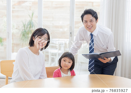 教育 三者面談を受ける親子と先生 教育 三者面談を受ける親子と先生 76835927