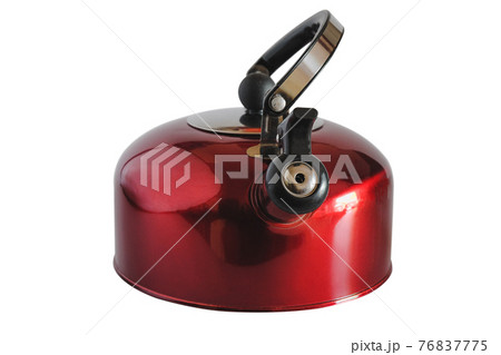 Red kettle with whistle isolated on white background. 76837775