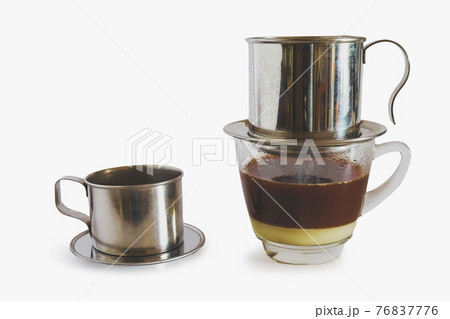 Sweetened condensed milk with hot coffee dripping in Vietnam style. 76837776