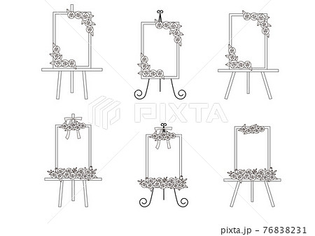 バラの花で飾った立て看板の線画イラスト ウェルカムボード 縦型のイラスト素材 7631