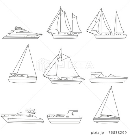 Set boats, speedboat, sailboat, vessel, yacht, icons, logo. Vector ship and motor boats, lineart editable stroke, illustration 76838299