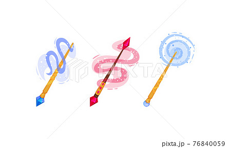 Magic Wands with Fairy Dust and Glow Swirling Around Vector Set 76840059