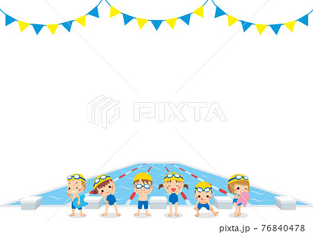プールサイドで泳ぐ準備をしている可愛い小さな子供たちのイラスト　背景　テンプレート　白背景 76840478
