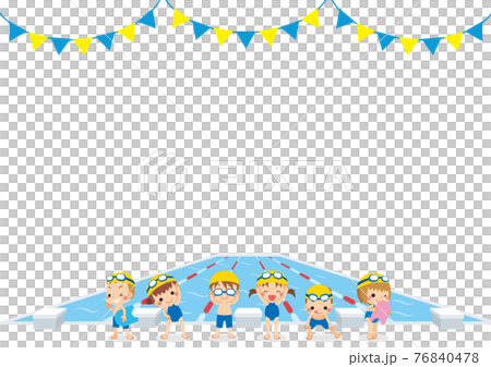 プールサイドで泳ぐ準備をしている可愛い小さな子供たちのイラスト　背景　テンプレート　白背景 76840478