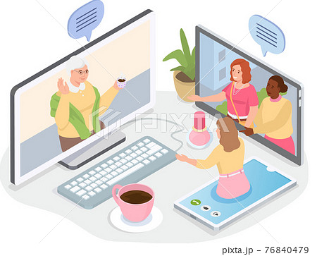Old parents and grandparents communicating by video link. Online communication with children 76840479