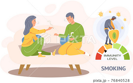 Couple sitting on sofa is smoking cigarettes. Tobacco dependence decreases immunity level Couple sitting on sofa is smoking cigarettes. Tobacco dependence decreases immunity level 76840528