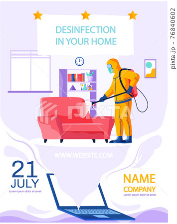 Company providing disinfection services concept poster. Man in yellow protective suit disinfects Company providing disinfection services concept poster. Man in yellow protective suit disinfects 76840602