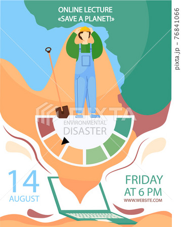 Builder stands holding his head in horror due to state of Earth. Online lecture about planet saving Builder stands holding his head in horror due to state of Earth. Online lecture about planet saving 76841066