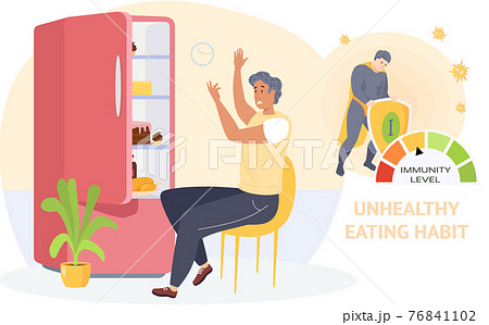 Disgruntled man eats junk food on schedule. Unhealthy eating habits decrease immunity level Disgruntled man eats junk food on schedule. Unhealthy eating habits decrease immunity level 76841102