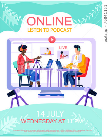 Characters work at radio station, broadcast live. Listening to podcasts online concept poster 76841151