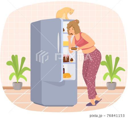 Woman eats cake from refrigerator. Female character is stealing pie on sly. Unhealthy eating habit 76841153