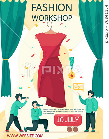 Male seamstress shows model of new dress. Guys take photos of designer. Fashion workshop poster Male seamstress shows model of new dress. Guys take photos of designer. Fashion workshop poster 76841154