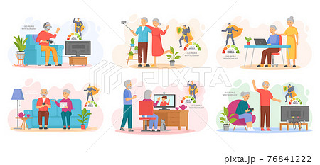 Old people play video game. Senior people with different gadgets. Oldster education on computer 76841222