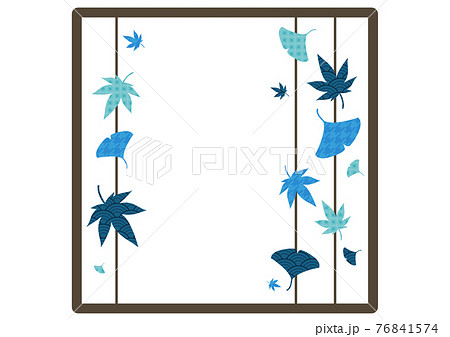 青色と水色の和柄の紅葉と銀杏の四角いフレームのイラスト素材