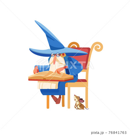 Wizard reading a spell book. Old medieval magician character studying an old book on a chair. The alchemist sits next to a faithful friend mouse. Fantasy magician, warlock, sorcerer. Cartoon vector. 76841763