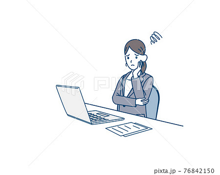 パソコンの前で悩むスーツ姿の女性 会社員 トラブル 不安 心配 イラスト素材のイラスト素材