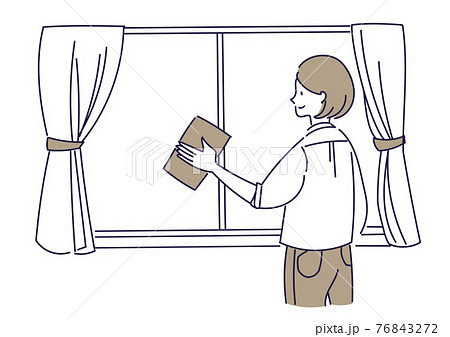 窓拭きをする女性のイラスト素材