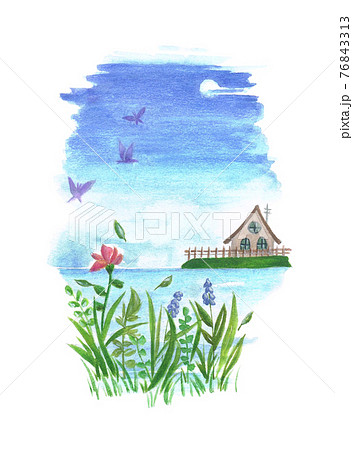 湖畔の風景 水彩画のイラスト素材