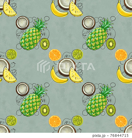Hand drawn seamless pattern with bananas, orange, pineapples papaya and watermelon. 76844715