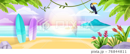 Summer beach landscape, exotic tropical nature background, surfboard, toucan, ocean, island  76844811