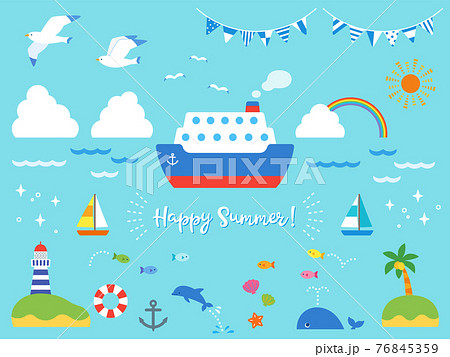 夏の海と船 かわいいモチーフセット 背景色あり のイラスト素材