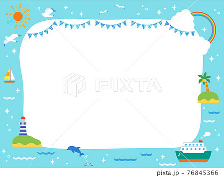 夏の海と船 かわいいフレームのイラスト素材