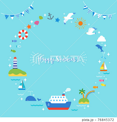 夏の海と船 かわいい丸フレームのイラスト素材