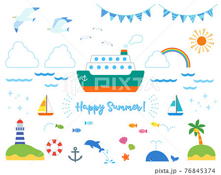 夏の海と船 かわいいモチーフセット 白背景 のイラスト素材
