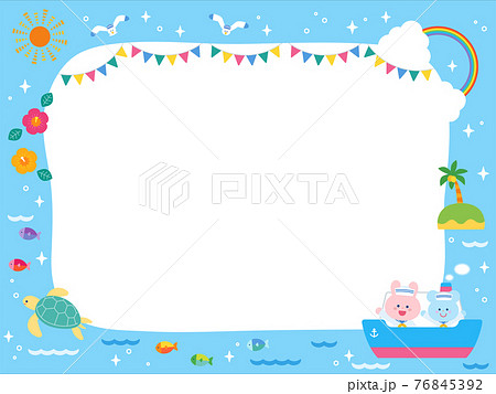 夏の海と船と動物たち かわいいフレームのイラスト素材
