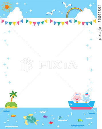 夏の海と船と動物たち かわいいフレームのイラスト素材