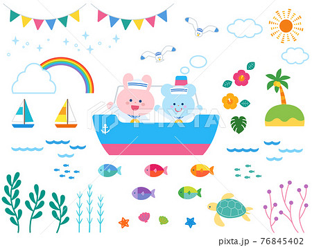 夏の海と船と動物たち かわいいモチーフセット 白背景 のイラスト素材