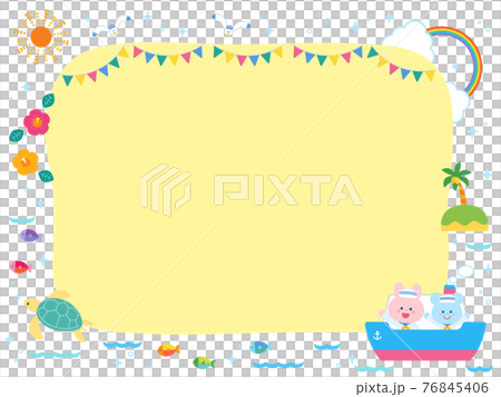 夏の海と船と動物たち かわいいフレームのイラスト素材