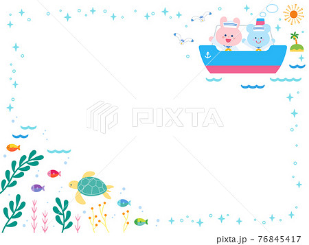 夏の海と船と動物たち かわいいフレームのイラスト素材