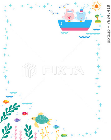 夏の海と船と動物たち かわいいフレームのイラスト素材