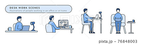 デスクワークのイラストのセット　男性　仕事　ビジネス　パソコン　リモートワーク　PC　働く 76848003