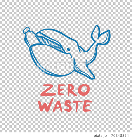 ZERO WASTE KIT Ecological Environmental Pollution Problem Whale Holds Plastic Bottle In Mouth With Handwriting Text Clip Art Vector Illustration Set For Print 76848854